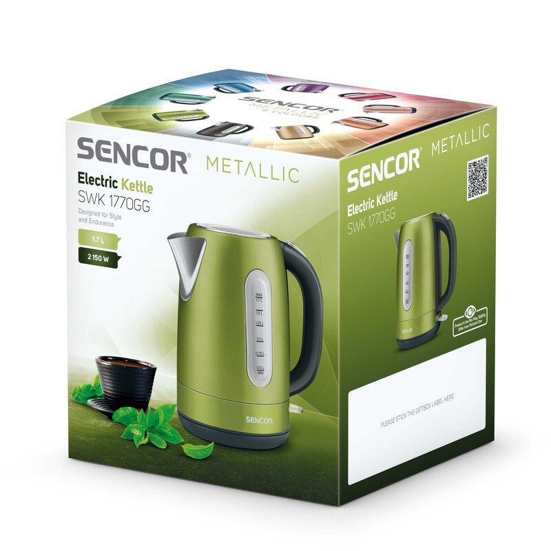 Bollitore elettrico 1,7 L 2150W acciaio inox con filtro anticalcare removibile e indicatore livello acqua verde Sencor