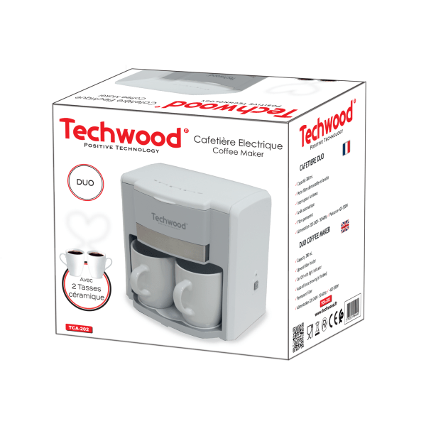 Caffettiera Elettrica 2 Tazze 0,6L con Filtro Permanente e Tazze in Ceramica Techwood