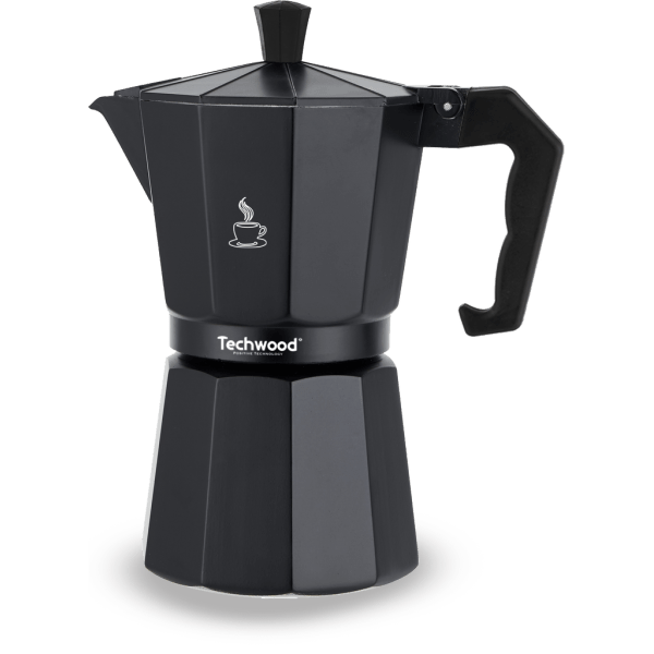 Techwood Caffettiera Moka in Alluminio Nera 6 Tazze – Per Induzione e Tutti i Piani Cottura