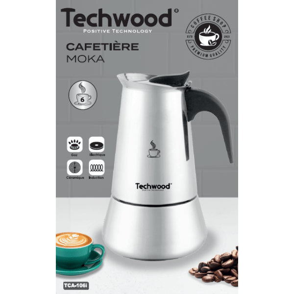 Techwood Caffettiera Moka 6 Tazze Inox – Per Induzione, Gas, Elettrico e Ceramica