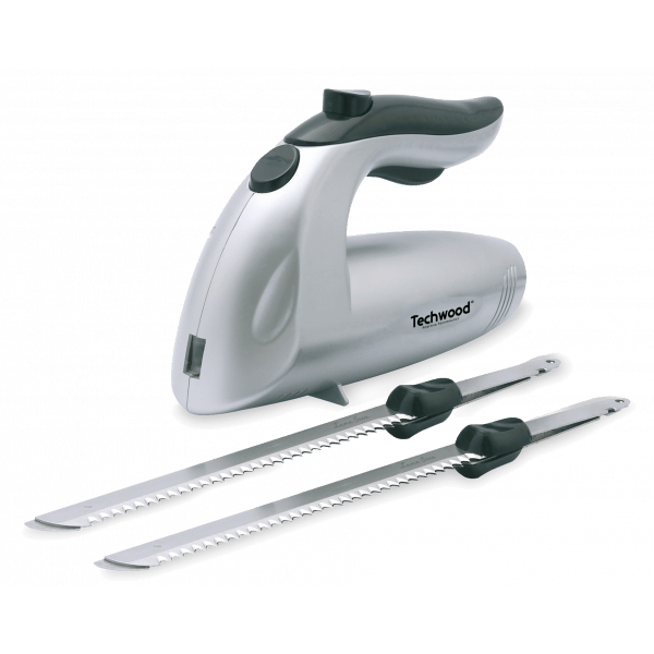 Techwood Coltello Elettrico 150W – 2 Lame Inox 24,5 cm, Doppio Pulsante di Sicurezza, Per Carne e Pane