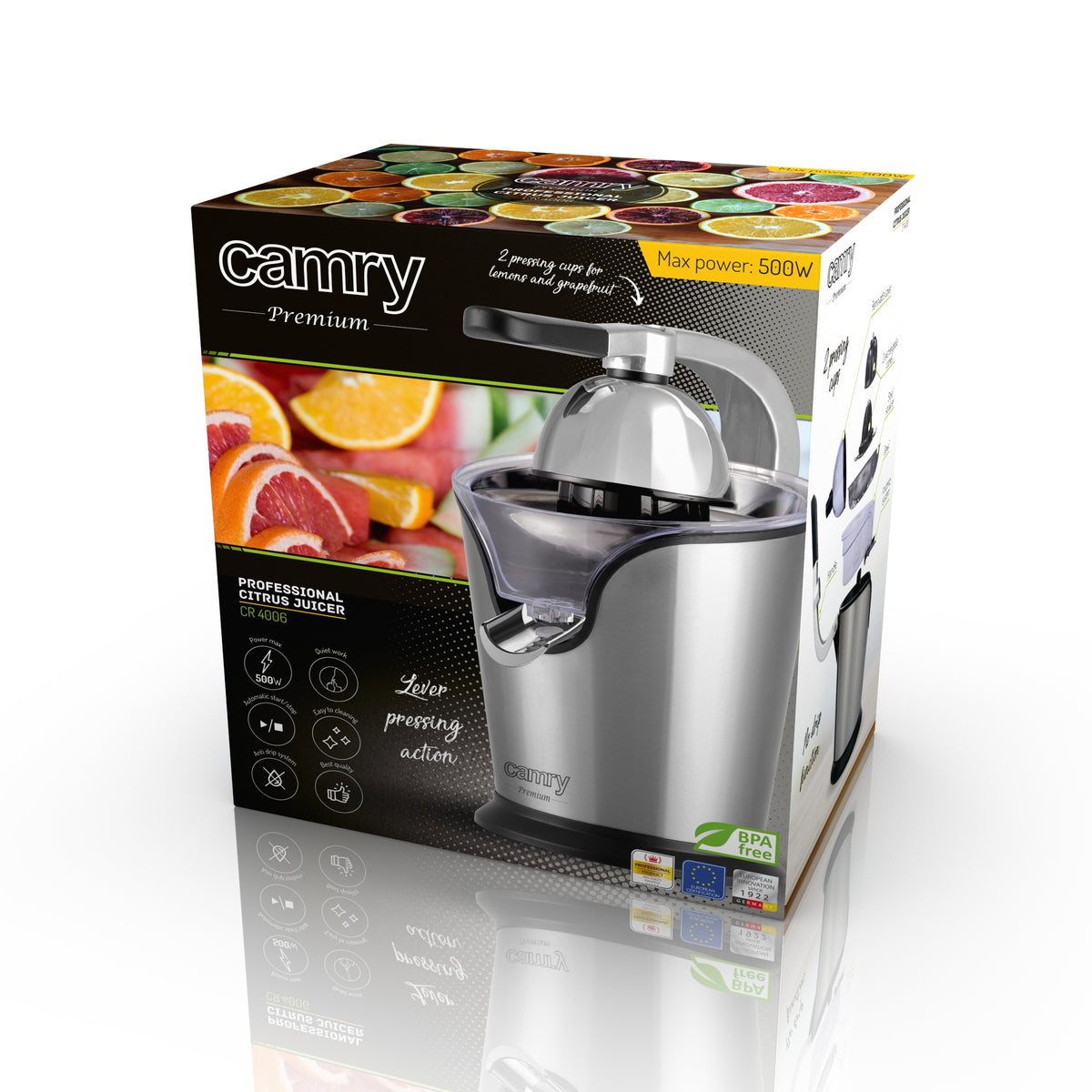 Spremiagrumi Elettrico a Leva 500W in Acciaio Inox con 2 Coni e Sistema Antigoccia Camry