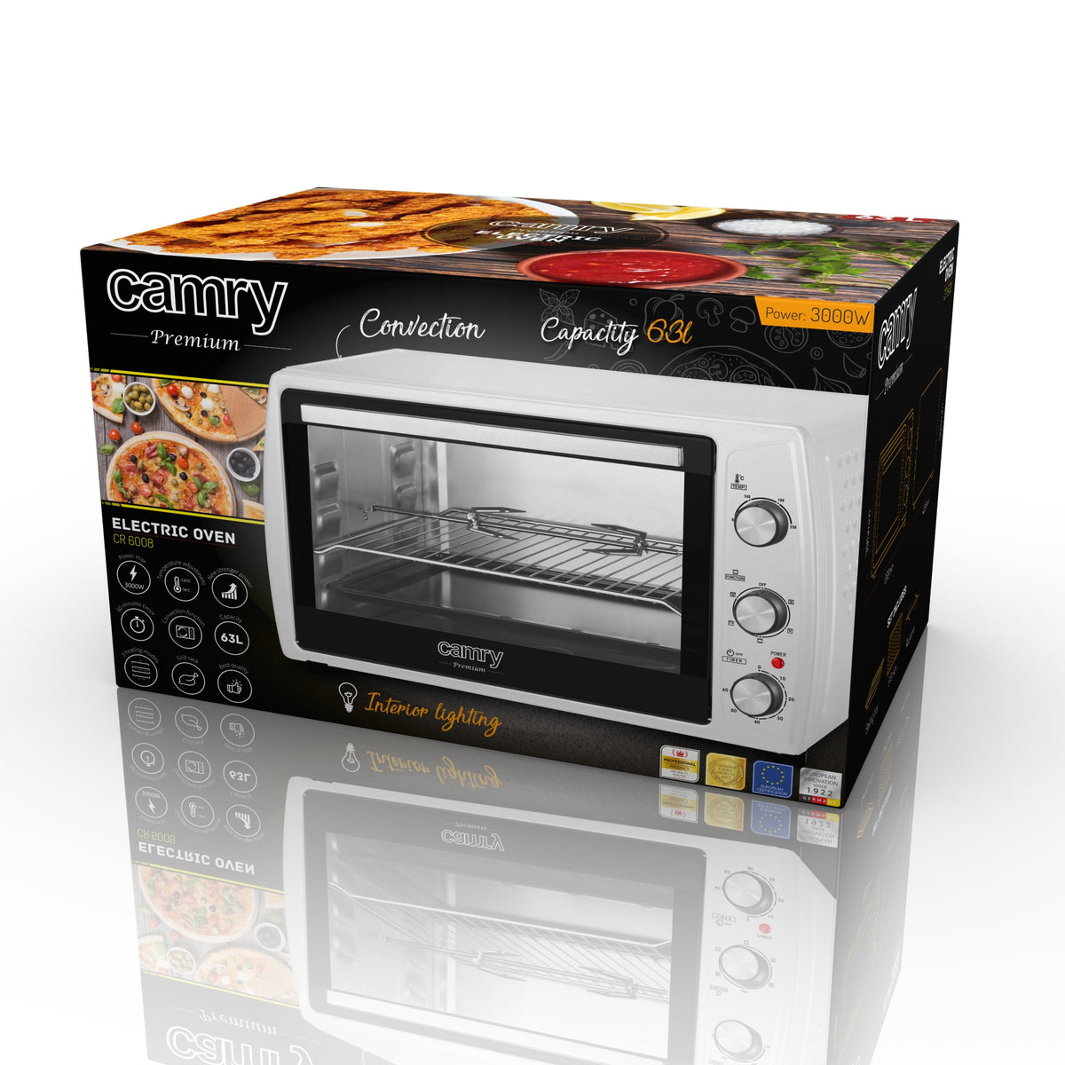 Camry Forno Elettrico Ventilato 63L 2200W – Girarrosto, Luce Interna, Timer