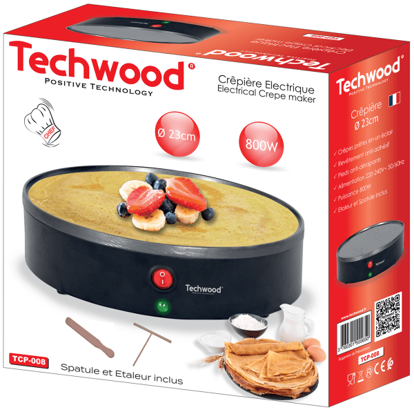 Techwood Crepiera Elettrica 23 cm 800W – Piastra Antiaderente, Termostato Regolabile