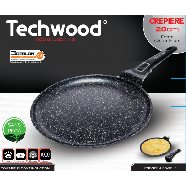 Techwood Crepiera Antiaderente Effetto Pietra 28 cm con Manico Removibile – Per Induzione