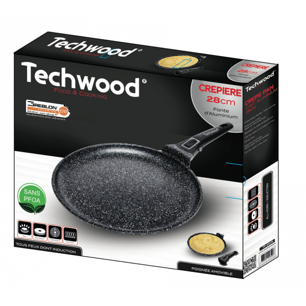 Techwood Crepiera Antiaderente Effetto Pietra 28 cm con Manico Removibile – Per Induzione