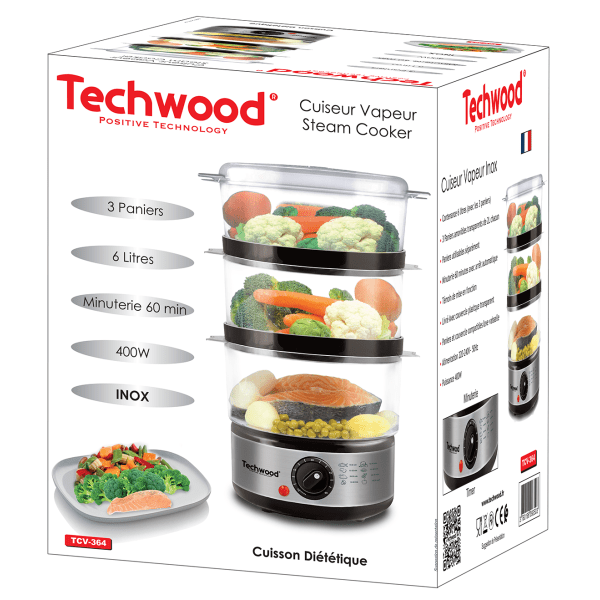 Vaporiera Elettrica 6 Litri Inox con 3 Cestelli e Timer 60 Minuti TECHWOOD
