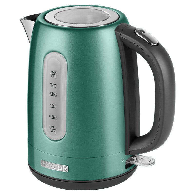 Bollitore elettrico 1,7 L 2150W  acciaio inox verde metallico con filtro anticalcare removibile e indicatore acqua Sencor