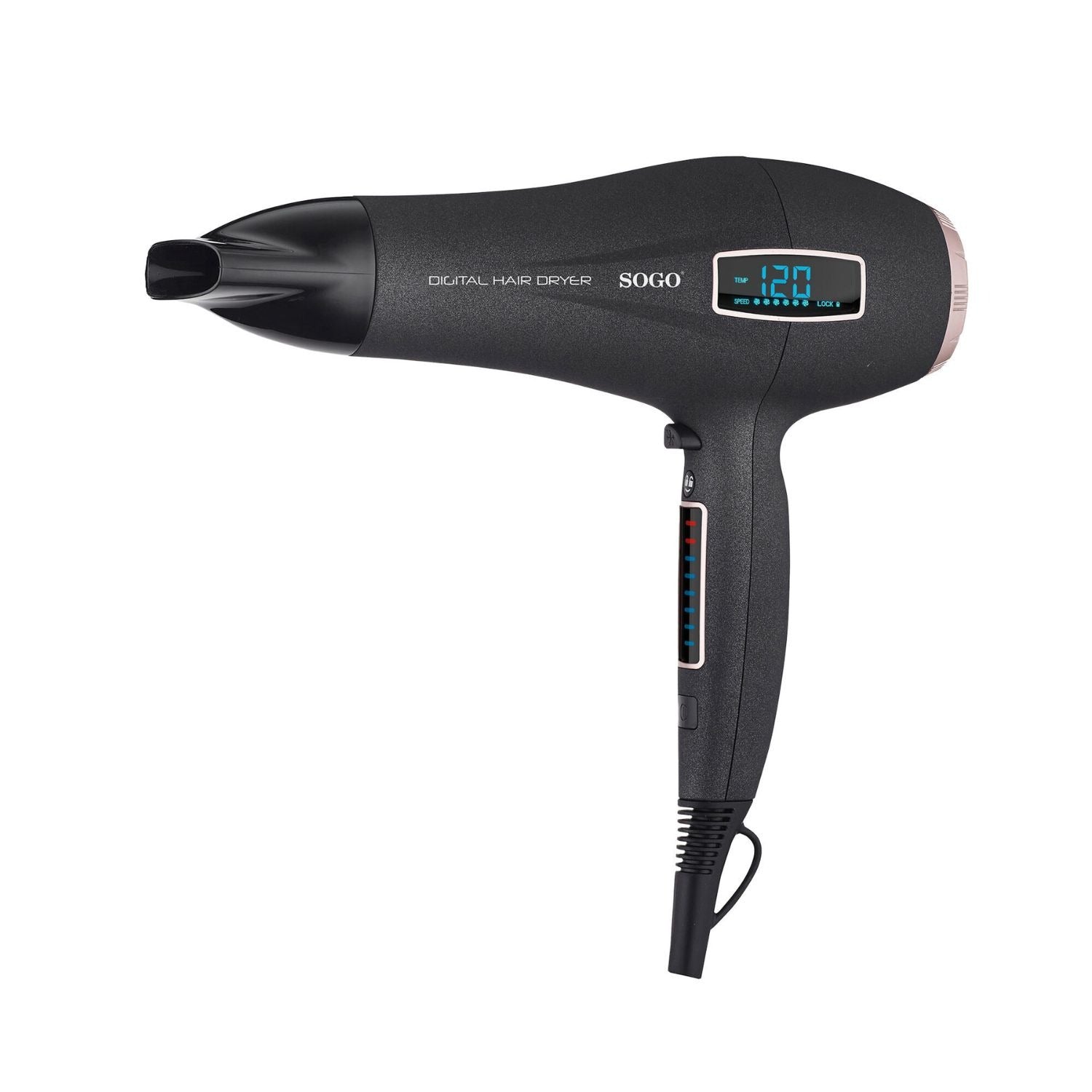 Asciugacapelli digitale 2200W con schermo LED 6 velocità 8 temperature aria fredda concentratore e diffusore Sogo