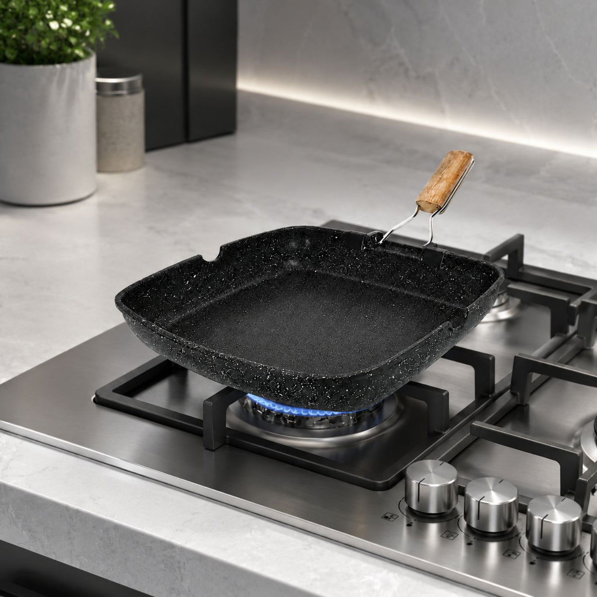 Bistecchiera grill quadrata 28x28 cm con manico pieghevole effetto legno - BBQ GMD