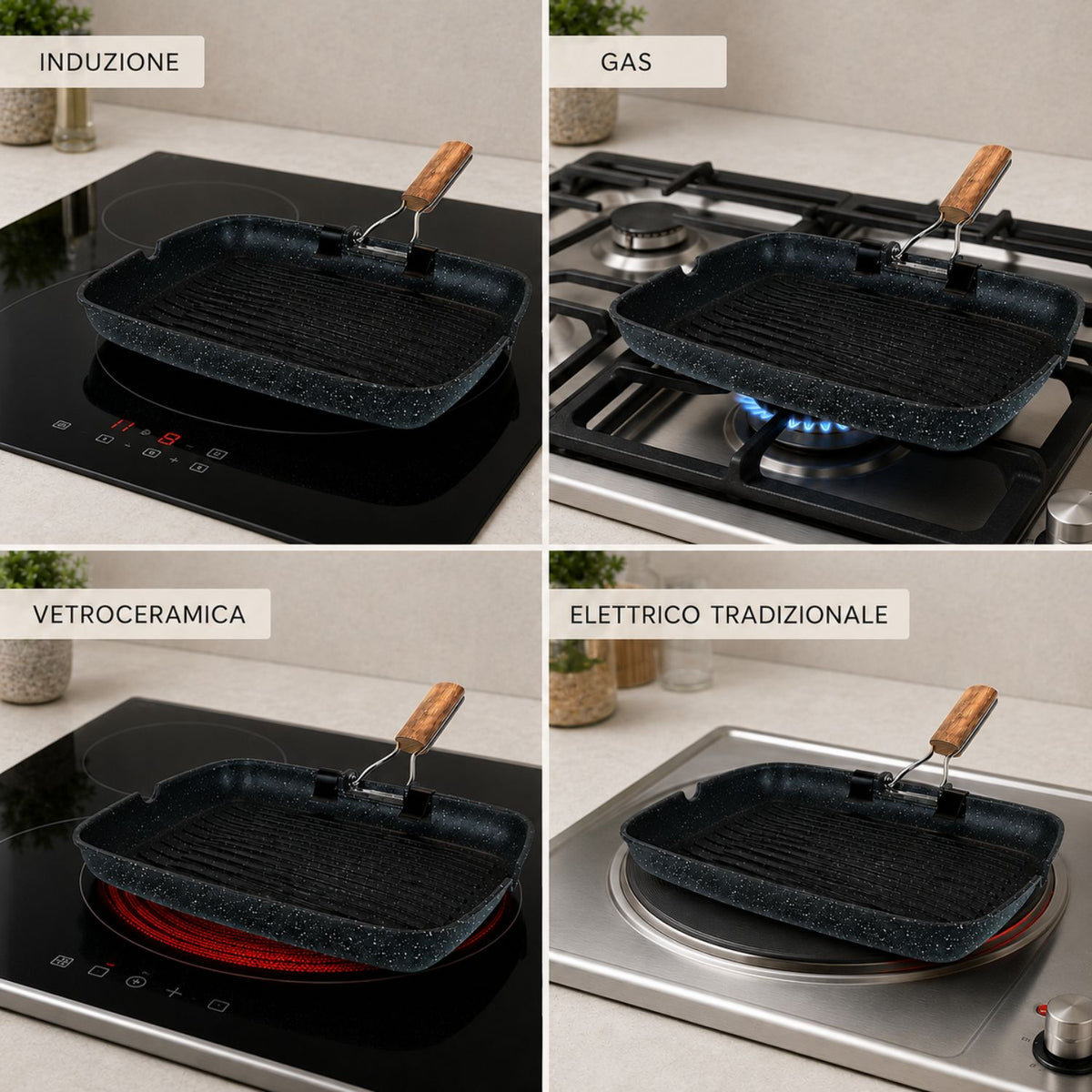 Bistecchiera grill rettangolare 36x24 cm con manico pieghevole effetto legno - BBQ GMD