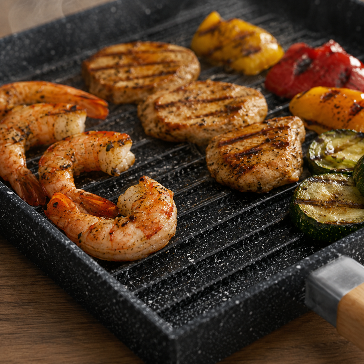 Bistecchiera grill a 2 facce 25x25 cm con manico removibile effetto legno - BBQ GMD