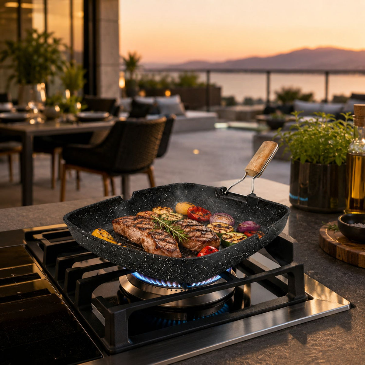 Bistecchiera grill quadrata 24x24 cm con manico pieghevole effetto legno - BBQ GMD
