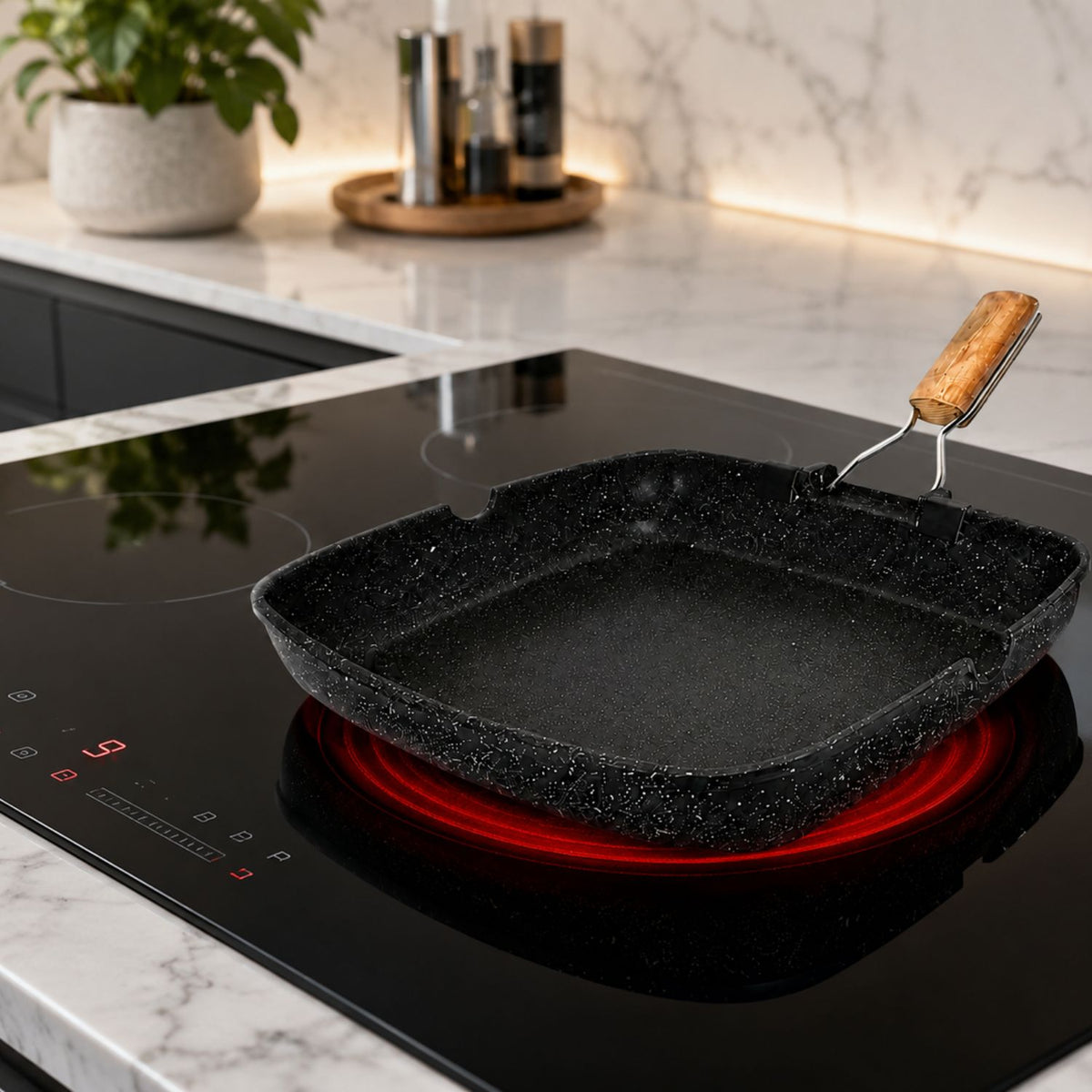 Bistecchiera grill quadrata 28x28 cm con manico pieghevole effetto legno - BBQ GMD
