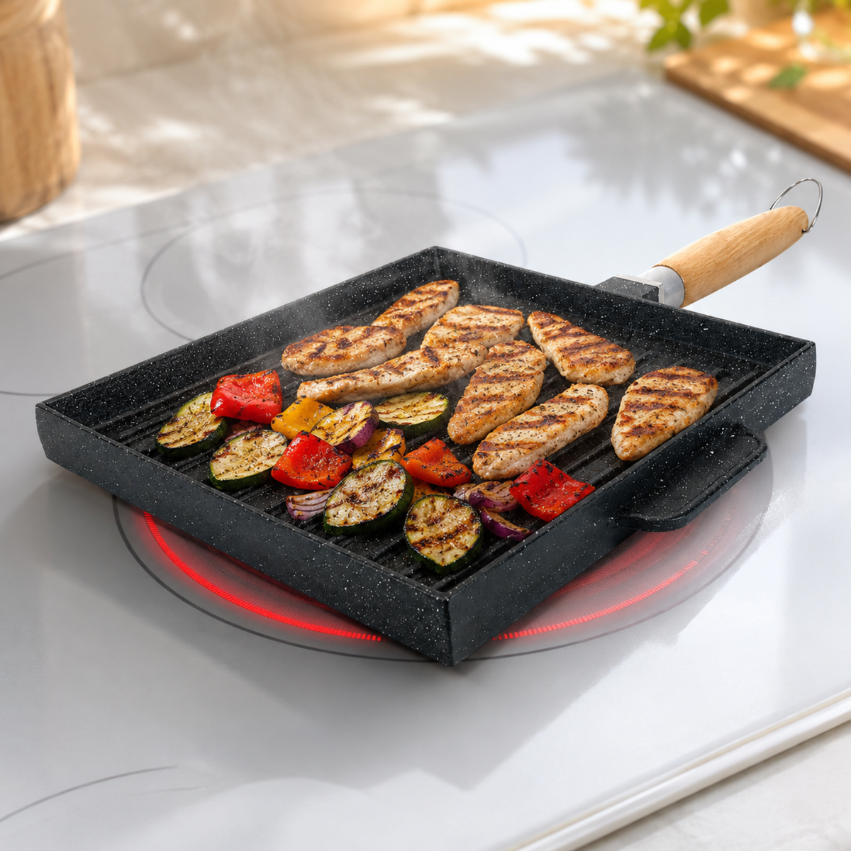 Bistecchiera grill a 2 facce 25x25 cm con manico removibile effetto legno - BBQ GMD
