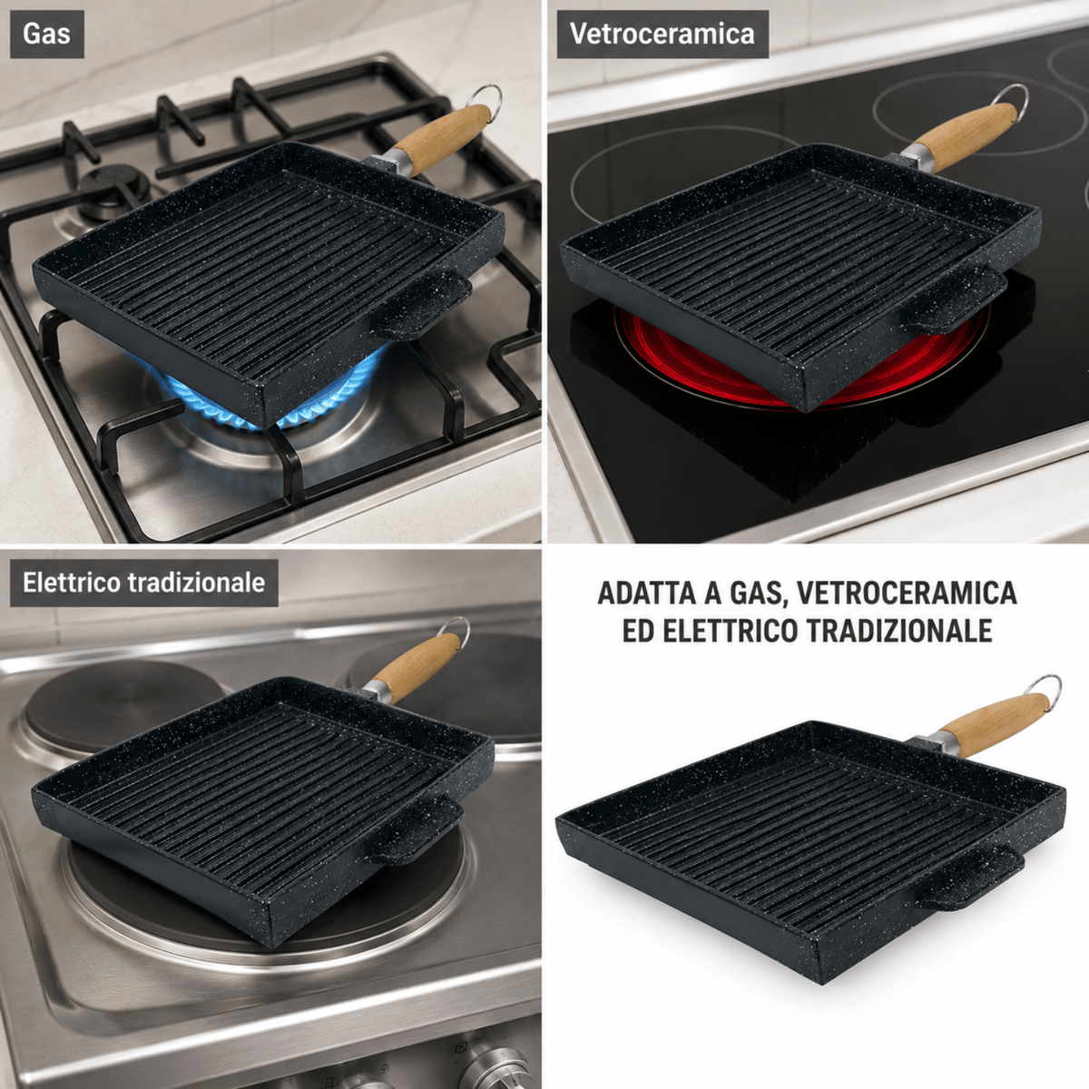 Bistecchiera grill a 2 facce 25x25 cm con manico removibile effetto legno - BBQ GMD