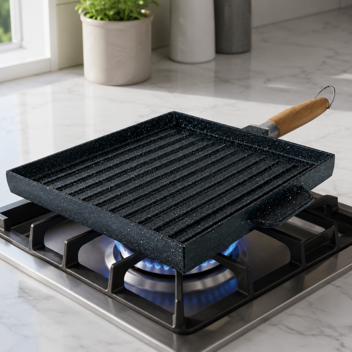 Bistecchiera grill a 2 facce 25x25 cm con manico removibile effetto legno - BBQ GMD