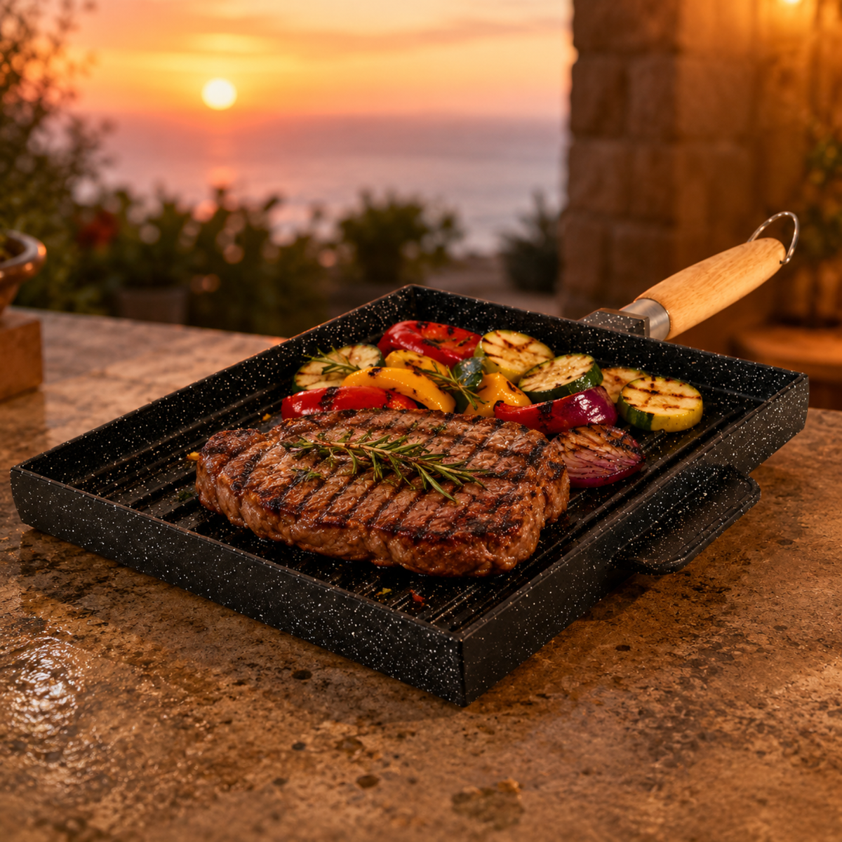 Bistecchiera grill a 2 facce 25x25 cm con manico removibile effetto legno - BBQ GMD