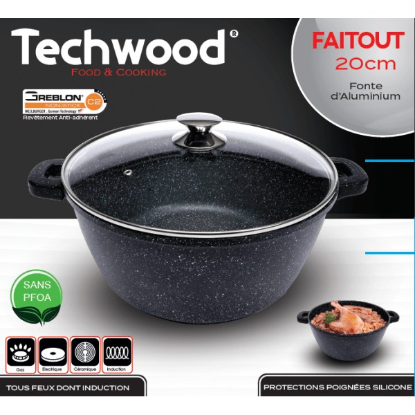 Techwood Casseruola Alta Antiaderente Effetto Pietra 20 cm con Coperchio in Vetro – Per Induzione