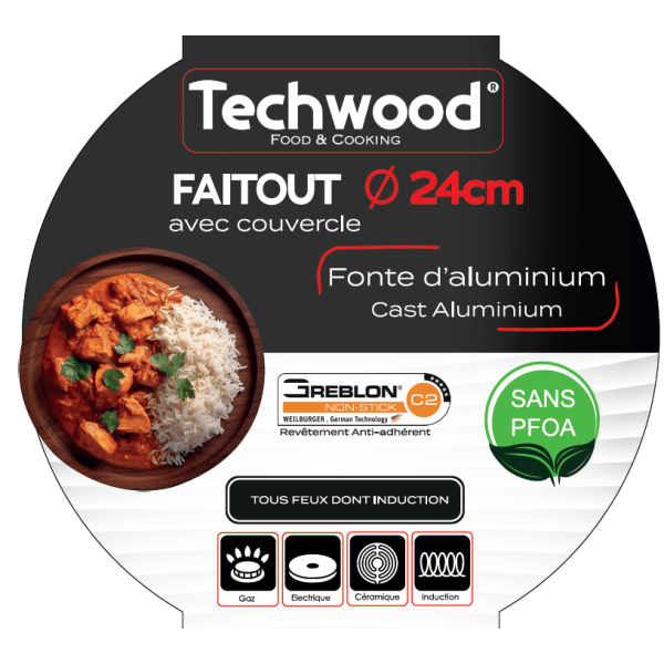 Techwood Casseruola Alta Antiaderente Effetto Pietra 24 cm con Coperchio in Vetro – Per Induzione