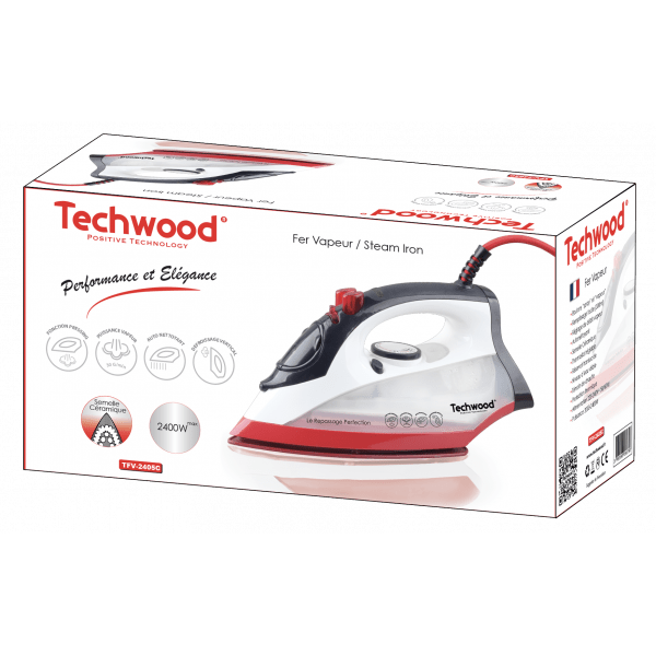 Techwood Ferro da Stiro a Vapore 2400W – Piastra in Ceramica, 300 ml, Autopulente, Senza Calcare