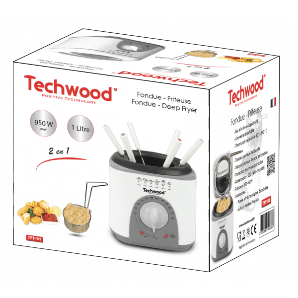 Techwood Friggitrice e Fonduta 2 in 1 1 Litro 950W – Termostato 80-190°C, 6 Forchettine, TFF-81