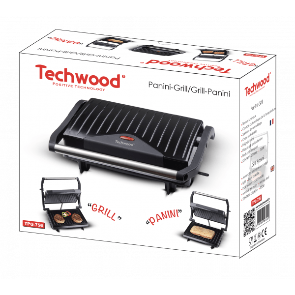 Techwood Grill Elettrico Panini e Carne 750W – Piastre Antiaderenti, Apertura 180°, Tostapanini
