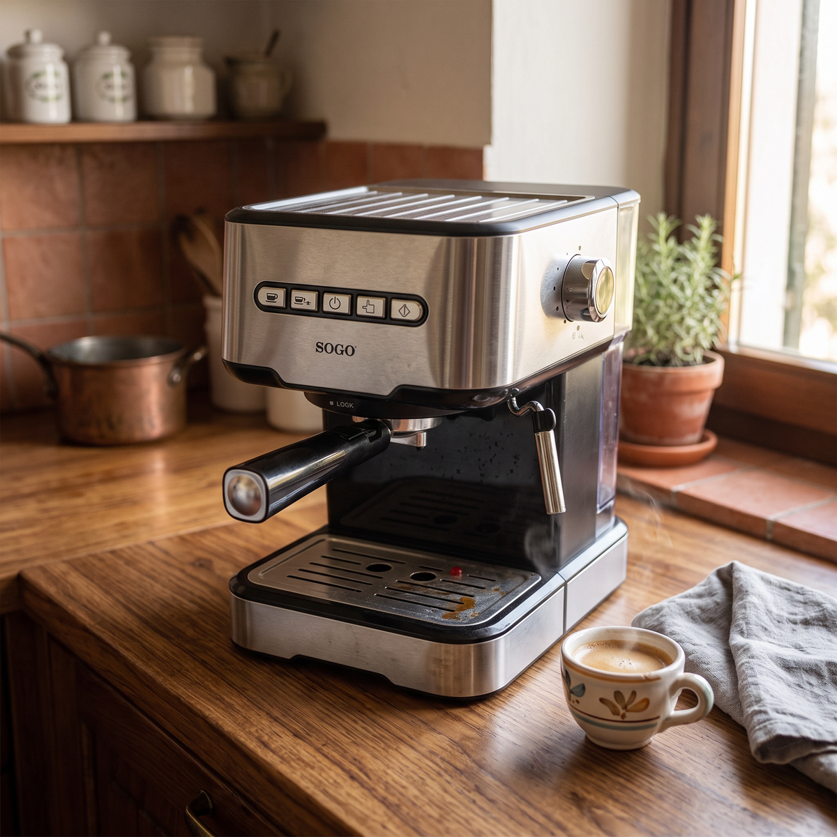 Macchina caffè espresso e cappuccino SOGO in cucina, luce naturale