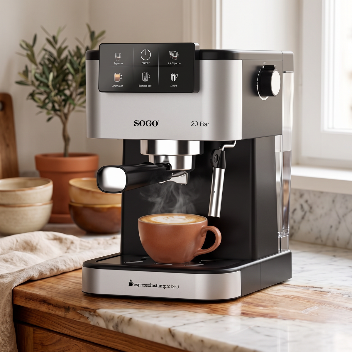 Macchina caffè espresso 20 bar SOGO in cucina, luce naturale