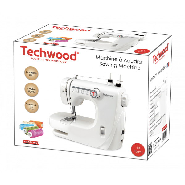 Techwood Macchina da Cucire 10 Punti con Braccio Libero, Pedale e Luce Integrata