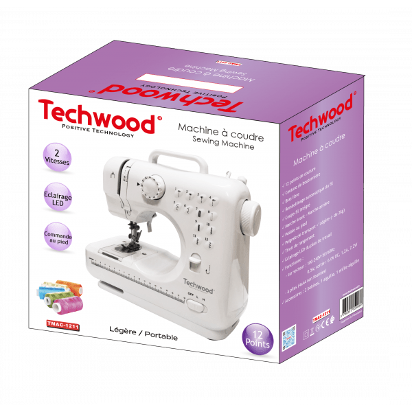 Techwood Macchina da Cucire 12 Punti con Braccio Libero, Luce LED e Pedale – TMAC-1211