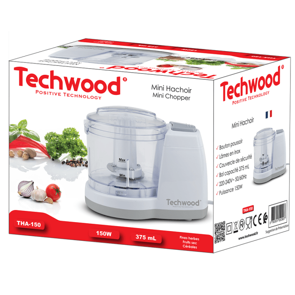 Mini Tritatutto Elettrico 150W 375 mL con Lame in Acciaio Inox e Coperchio di Sicurezza TECHWOOD