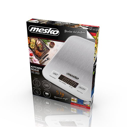 Mesko Bilancia da Cucina Digitale 5 Kg in Acciaio Inox – Tara, Precisione 1g, LCD