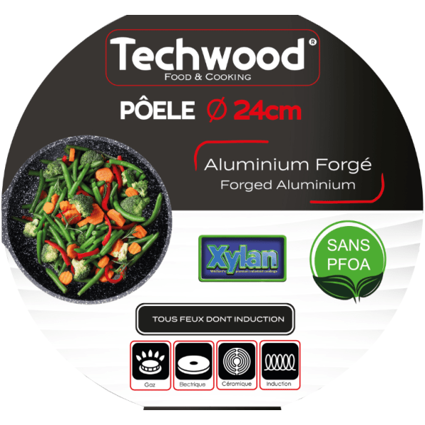 Techwood Padella Antiaderente 24 cm in Alluminio Forgiato Rivestimento Marmo Nero – Per Induzione, TAF-24PO