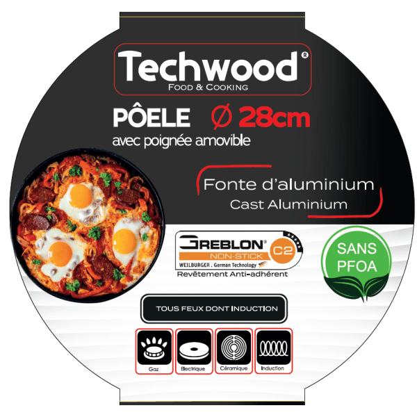 Techwood Padella Antiaderente Effetto Pietra 28 cm con Manico Removibile – Per Induzione, PFOA Free