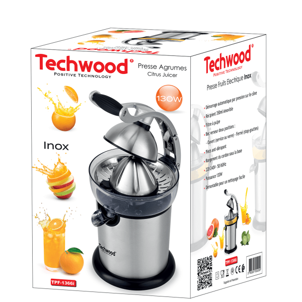 Techwood Spremiagrumi Elettrico Inox 130W – Caraffa 350 ml, Beccuccio Antigoccia