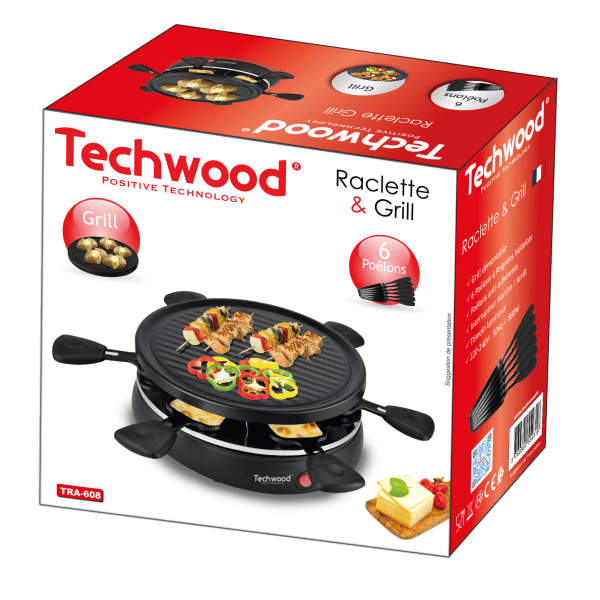 Techwood Raclette Grill 6 Persone 800W – Griglia Removibile, 6 Padelline Antiaderenti