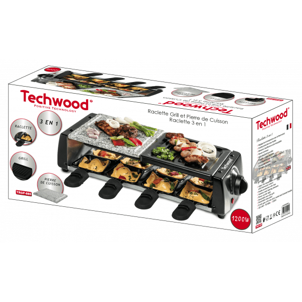 Techwood Raclette Grill 8 Persone 1200W – Pietra Ollare, 8 Padelline Antiaderenti, Grill da Tavolo