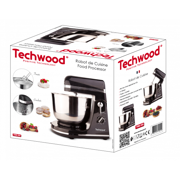 Techwood Robot da Cucina 300W – Ciotola Inox 3,5L, 6 Velocità, Ganci Impastatori