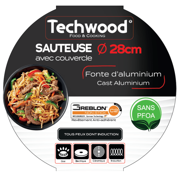 Techwood Padella Alta Antiaderente Effetto Pietra 28 cm con Coperchio in Vetro – Per Induzione