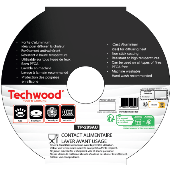 Techwood Padella Alta Antiaderente Effetto Pietra 28 cm con Coperchio in Vetro – Per Induzione