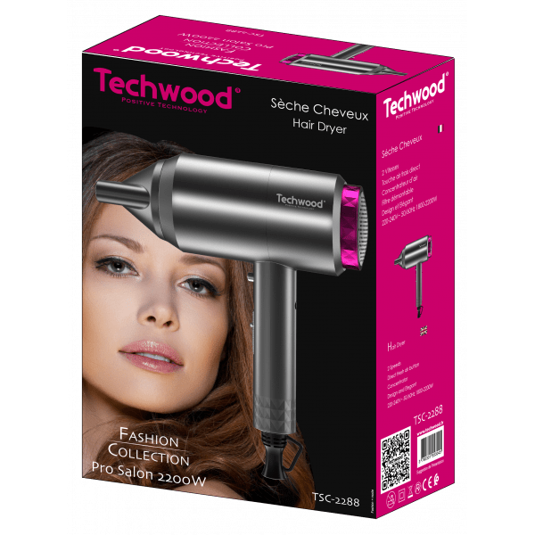 Techwood Asciugacapelli Professionale 2200W – 2 Velocità, Aria Fredda, Concentratore, Filtro Removibile, TSC-2288