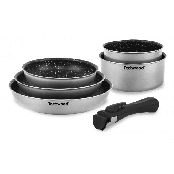 Techwood Set 10 Pezzi Pentole e Padelle Antiaderenti Effetto Pietra con Manico Removibile – Per Induzione
