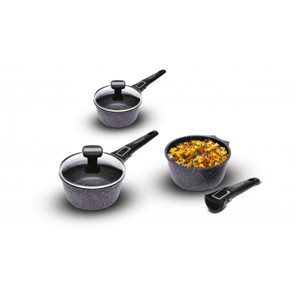 Techwood Set 9 Pezzi Casseruole Antiaderenti Effetto Pietra 16-18-20 cm con Coperchi in Vetro e Manici Removibili – Induzione