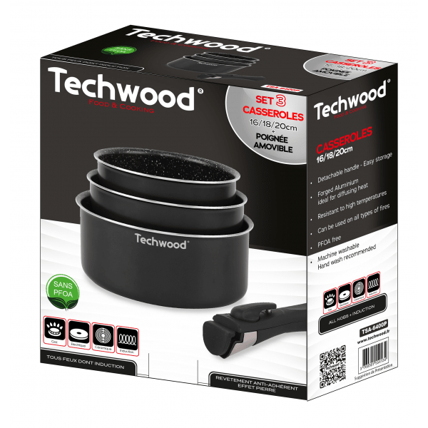 Techwood Set 4 Casseruole Antiaderenti Effetto Pietra 16-18-20 cm con Manico Removibile – Per Induzione