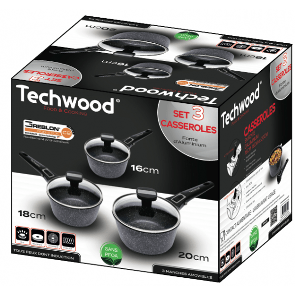 Techwood Set 9 Pezzi Casseruole Antiaderenti Effetto Pietra 16-18-20 cm con Coperchi in Vetro e Manici Removibili – Induzione