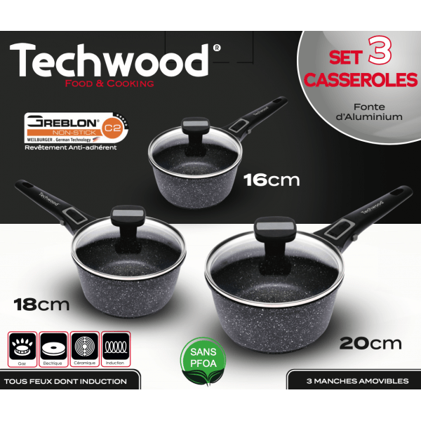 Techwood Set 9 Pezzi Casseruole Antiaderenti Effetto Pietra 16-18-20 cm con Coperchi in Vetro e Manici Removibili – Induzione