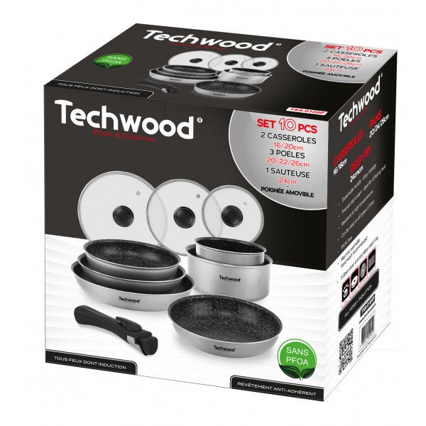 Techwood Set 10 Pezzi Pentole e Padelle Antiaderenti con Coperchi in Vetro e Manico Removibile – Per Induzione