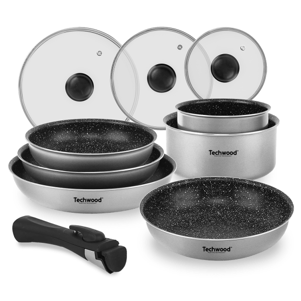 Techwood Set 10 Pezzi Pentole e Padelle Antiaderenti con Coperchi in Vetro e Manico Removibile – Per Induzione