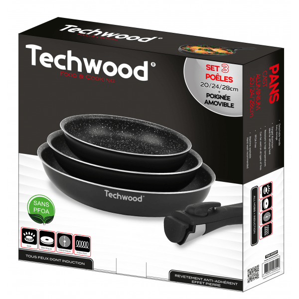 Techwood Set 4 Padelle Antiaderenti 20-24-28 cm con Manico Removibile – Per Induzione, PFOA Free